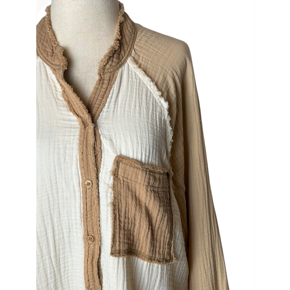 Aerie Gauzy Coverup Shirt Women XS Tan Ivory Colorblock Cotton Oversized - Picture 7 of 11